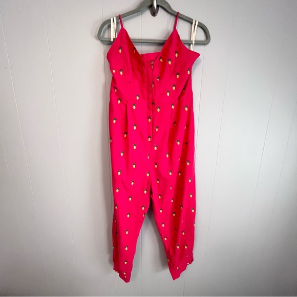 Farm Rio Embroidered Pineapples Red Jumpsuit size L linen blend halter top - Picture 3 of 16